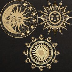 three sun and moon designs on a black background