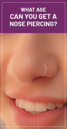 a woman's nose with the words, what age can you get a nose piercing?