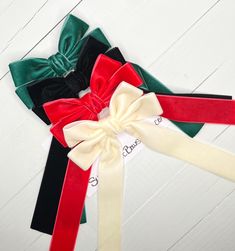 Gorgeous.. Handmade Long Tail Velvet Hair Bows, made with 4 Bow Loops and your choice of 2 Long Tail Lengths.  *Velvet Bow Color Choices: Black, Red, Dark Forest Green, and Ivory. Choose 1 or all 4.  *These elegant soft velvet bows are perfect for Girls and Women's Holiday Hair Bows. *Long Tail Velvet Hair Bows measure approximately 4.5 inches wide (across the bow loops, from one side to the other side) and have Long Tails, in your choice of 6.5 inch long tails, or 8.5 inch long tails.  *Velvet bows dress up any outfit and are perfect for the upcoming holiday season.  *Long Tail Velvet Bow will be securely attached to the Alligator Hair Clip, French Barrette, Nylon Hair Tie, or Large Elastic Ponytail Hair Tie/Band of your choice (please see descriptions below).  *Velvet hair bows measure a Velvet Hair Bow, Holiday Hair Bows, Christmas Velvet, Cheerleading Bows, Velvet Bows, Coquette Bows, Bow Coquette, Bows For Girls, Tail Hair