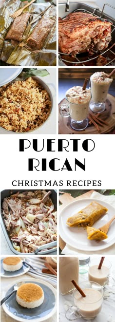 puerto rican christmas recipe collage with pictures of different foods and dishes on plates in front of them