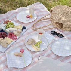 a picnic with cheese, crackers and grapes