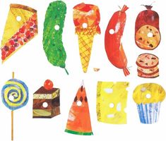 an image of children's artwork made with food and candy on white paper background