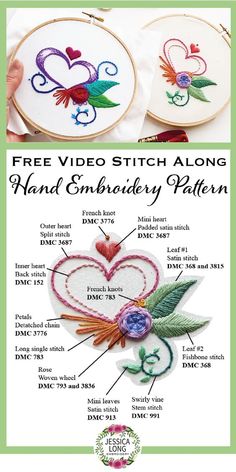 the instructions for how to make hand embroidery hearts with flowers and leaves on each side