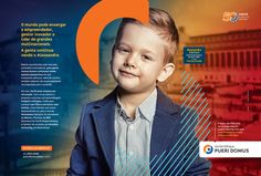 a young boy in a business suit is featured on the cover of an advertiser's brochure