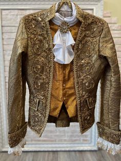 Elegant Historical Costume For Costume Party, Elegant Fitted Formal Costumes, Fitted Gold Costume For Costume Party, Prince Outfit Design, Masquerade Outfit Men, Ballet Jacket, Sleeping Beauty Prince, Medieval Clothing Men, Brocade Vest