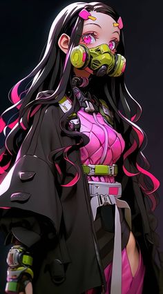 an anime character with pink hair and gas mask