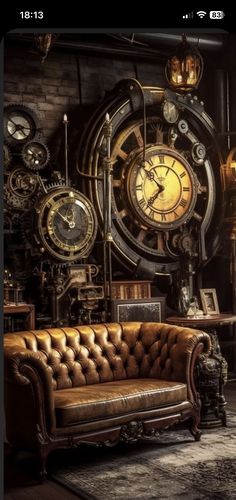 a living room filled with lots of clocks and furniture