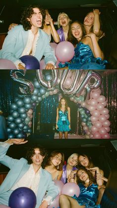 a group of young people posing for a photo in front of balloons and streamers