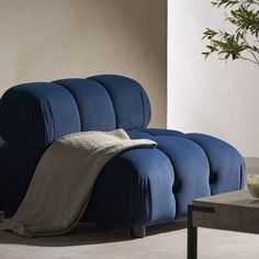 a blue couch sitting next to a table with a potted plant