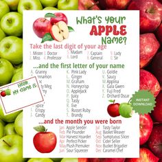 a poster with apples and the words what's your apple name?