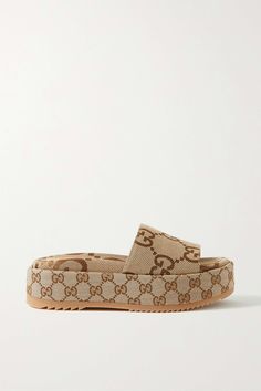 Beige Angelina logo-jacquard coated-canvas platform slides | GUCCI | NET-A-PORTER Designer Slides Women, Safari Outfit, Luxury Slides, Dream Wishlist, Gucci Slides, Designer Slides, Gucci Sandals, Shoes Heels Classy, Flatform Sandals