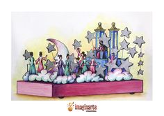 a drawing of people standing on top of a bed with stars and moon above them