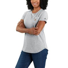 An everyday tee with Carhartt pride, this women's short-sleeve t-shirt keeps you cool and comfortable on the job or off. Midweight cotton jersey is sweat-fighting and fast-drying. Mesh sleeves and back keep air circulating to help you stay cool when work heats up. A relaxed fit gives you room to move.Features6-ounce, 60% polyester / 40% cottonBuilt with Force technology to wick sweat, dry fast, and fight odorsFastDry® technology keeps you cool for all day comfortRib-knit crewneck holds its shape Granola Style, Carhartt Bag, Hard Working Man, Carhartt Womens, Carhartt Women, Mesh Sleeves, Branded Sweatshirts, Pocket Tshirt, Rain Wear