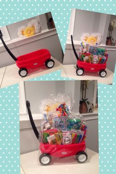 three pictures of a red wagon filled with toys and gifts on top of a counter