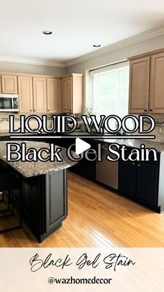 an image of a kitchen with wood flooring and black gl stain on the counter