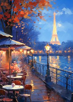 an oil painting of the eiffel tower in paris at night with tables and umbrellas