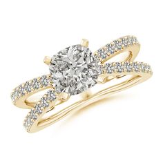 a yellow gold engagement ring set with an oval cut diamond in the center and two rows of diamonds on each band