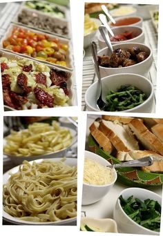 four pictures of different types of food in bowls and on serving trays with utensils