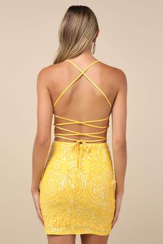 Yellow Sequin Dress - Lace-Up Mini Dress - Bodycon Dress - Lulus Yellow Hoco Dress Short, Yellow Hoco Dress, Grey Homecoming Dress, Hoco Dress Short, Mini Dress Sequin, Orange Homecoming Dresses, Homecoming Dresses Corset, Yellow Homecoming Dresses, Strapless Homecoming Dresses