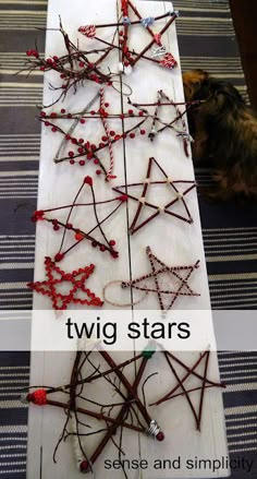 two stars made out of sticks and beads on a table with a dog in the background