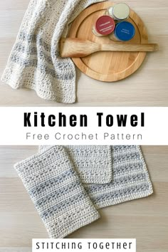 the kitchen towel is on top of a wooden plate and next to it is a crochet dishcloth