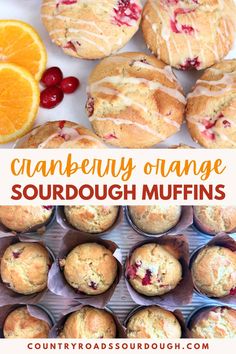 cranberry orange sourdough muffins with icing in the middle