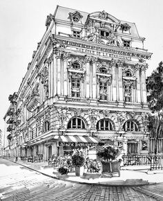 a black and white drawing of a building on a street corner with potted plants