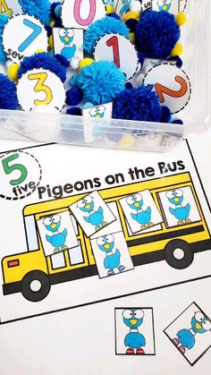 the blue pom poms are on the bus counting game