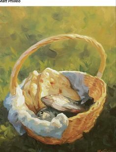 an oil painting of a basket filled with bread and other items on a green background