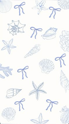 an image of seashells and starfish in blue ink on white paper with ribbon