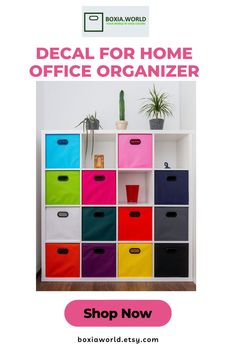 a white shelf with colorful bins on it and the words, deal for home office organizer