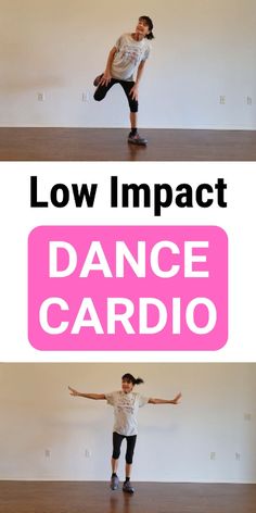 a woman doing a dance cardio with the words low impact above her and below it