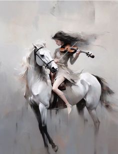 a painting of a woman playing the violin while riding a white horse with long hair