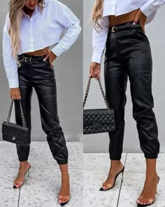 Elastic Solid Color Pencil PU Leather High Waist Cuffed Pants Leather Trousers Women, Long Pants Casual, Fashion Bottoms, Black Leather Pants, Elegante Casual, Cuffed Pants, Casual Black, Black Bottoms, High Waisted Pants