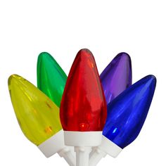 multi - colored christmas lights on white stand against a white background