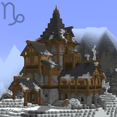 an image of a house in the middle of snow with mountains and rocks behind it