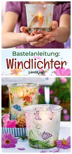 a person holding a glass vase with flowers on it and the words bastelleitung wind