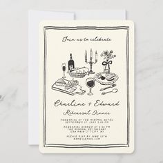 a wedding card with an illustration of food and wine on it, in black ink