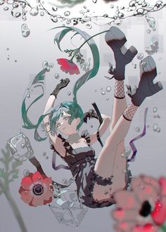 an anime character floating in the water with flowers