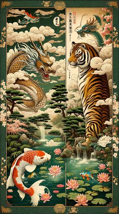 two tigers and a dragon are in the water