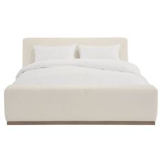 a bed with white linens and pillows on top of the headboard, in front of a white background