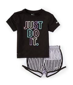 Nike Little Girls 2T-6X Short-Sleeve Just Do It Femme Pop Jersey T-Shirt & Printed Microfiber Tempo Shorts Set | Dillard's Sporty Crew Neck Playwear Set, Summer Athleisure T-shirt For Playwear, Nike Summer Sets With Short Sleeves, Sporty Short Sleeve Sets With Letter Print, Cotton Athleisure T-shirt For Playwear, Nike Sets With Graphic Print And Crew Neck, Nike Crew Neck Sets With Graphic Print, Nike Cotton Athleisure Sets, Nike Graphic Print Crew Neck Sets