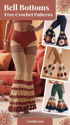 an advertisement for crochet bell bottom pants