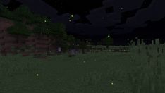 a screenshot of a dark forest with fireflies in the sky and grass on the ground