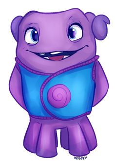 a purple and blue cartoon character with big eyes, holding a book in his hands