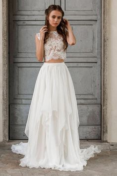 Discover Biztunnel's affordable Elegant Lace Chiffon Two Piece Wedding Dress in all colors. Thousands of boho wedding dresses are offered. Safety Payment. Top Quality. Two Piece Lace Dress, Tulle Wedding Skirt And Top, Boho 2 Piece Wedding Dress, Cropped Wedding Dress, Alternative Wedding Dress Casual, Two Part Wedding Dress, Two Piece Wedding Dress Boho