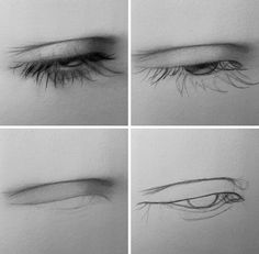 four different views of an eye with long lashes