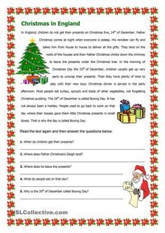 christmas in england worksheet with santa clause and presents on the tree for kids