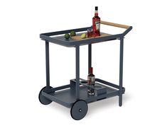 a bar cart with drinks on it