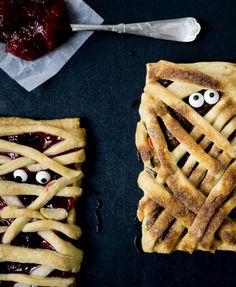 two pieces of pie with eyes on them and one piece cut out to look like an apple pie